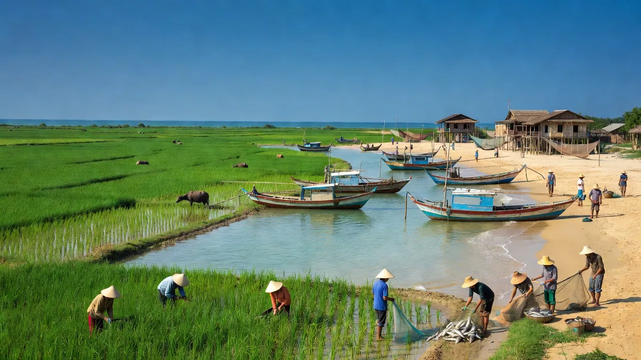 Cảnh đẹp xã Kỳ Giang, huyện Kỳ Anh, tỉnh Hà Tĩnh với đồng xanh và làng chài ven biển.