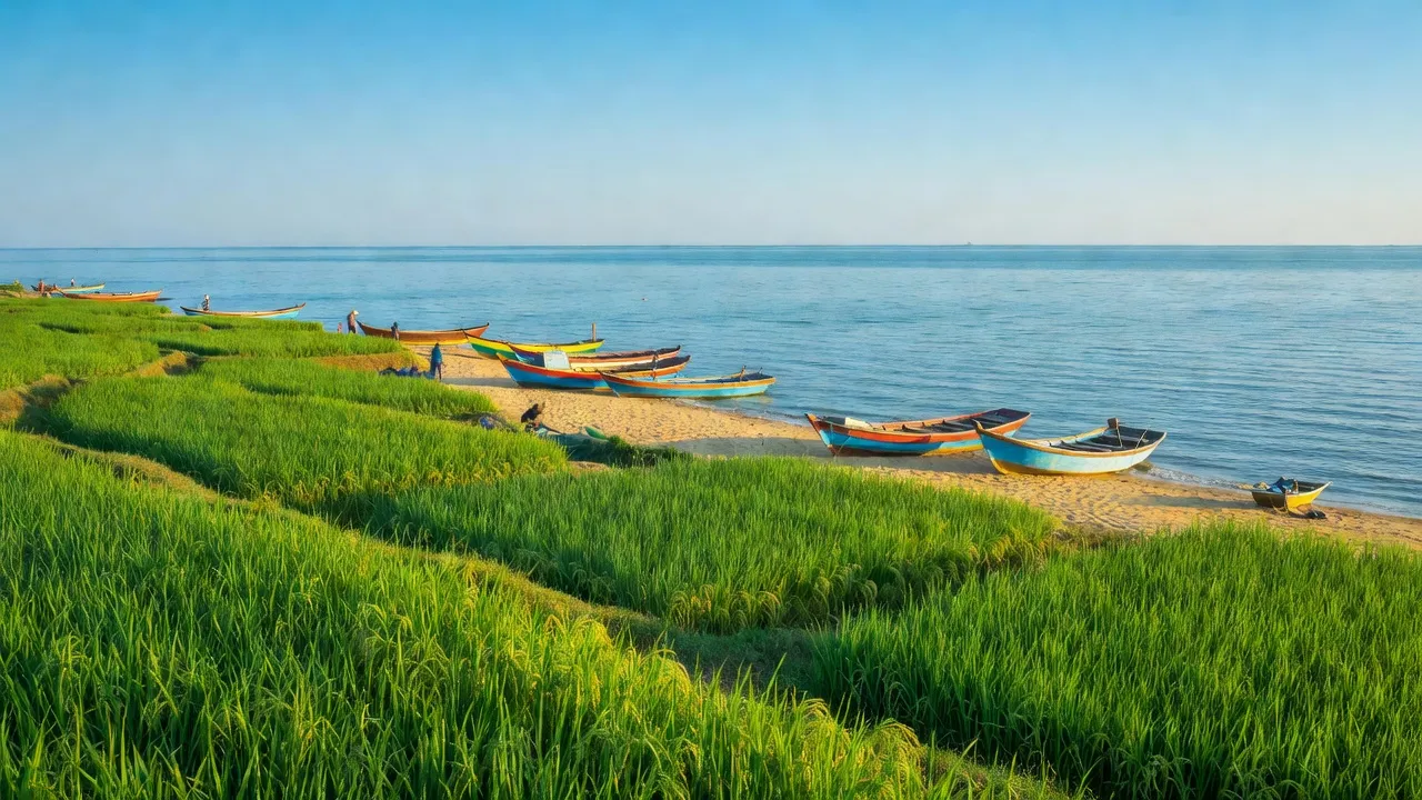 Khung cảnh ven biển xã Kỳ Giang, huyện Kỳ Anh, tỉnh Hà Tĩnh với cánh đồng xanh và thuyền đánh cá.