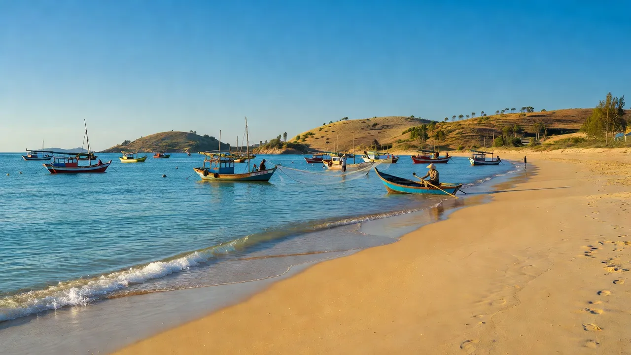 Cảnh biển Kỳ Hải, Kỳ Anh, Hà Tĩnh với bãi cát và thuyền đánh cá, phong cảnh thiên nhiên tuyệt đẹp.