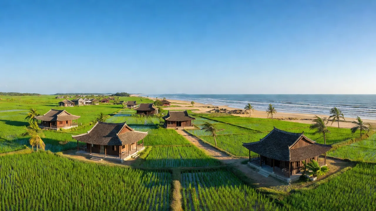 Cảnh quan xã Kỳ Hoa, huyện Kỳ Anh, tỉnh Hà Tĩnh với đồng ruộng, bờ biển và ngôi nhà truyền thống.