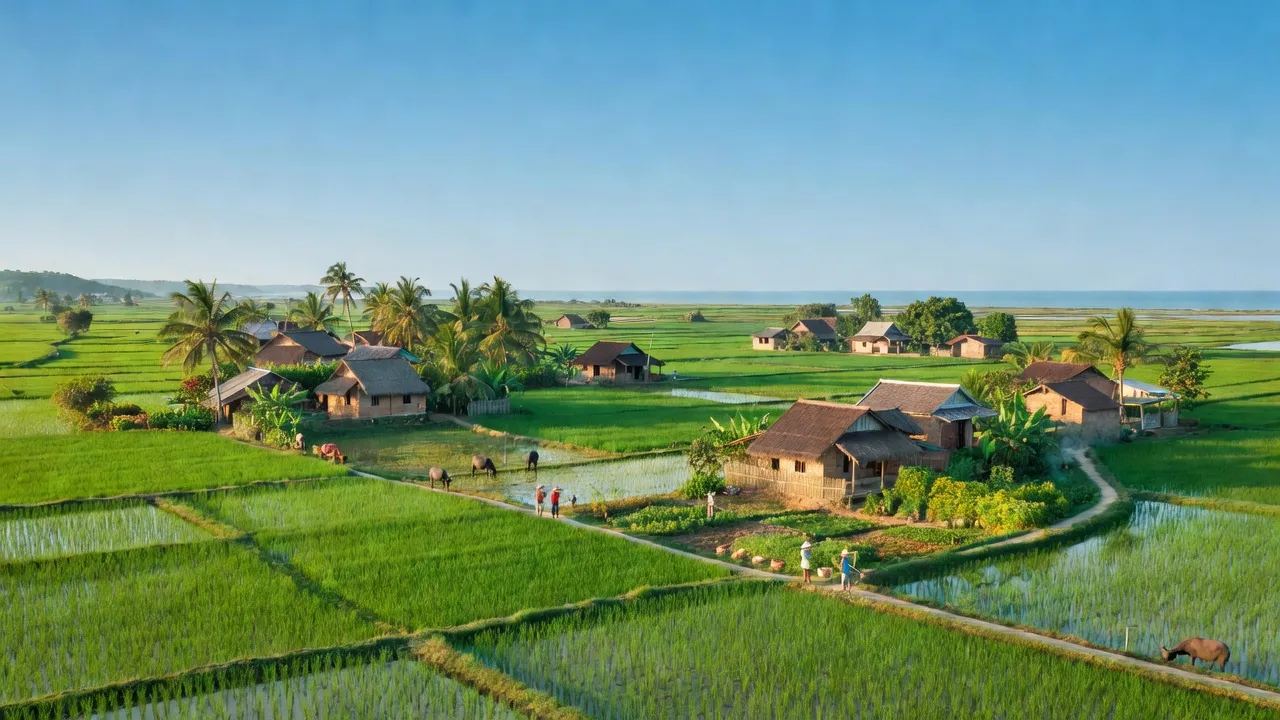 Khung cảnh xã Kỳ Hoa, huyện Kỳ Anh, tỉnh Hà Tĩnh với đồng quê xanh và trời trong.