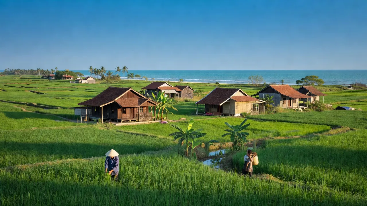 Khung cảnh làng Kỳ Khang, huyện Kỳ Anh, Hà Tĩnh với đồng bằng ven biển và trời trong xanh.