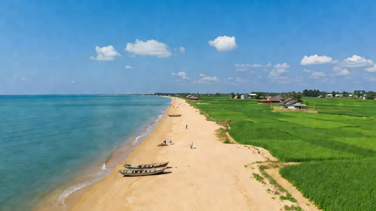Phong cảnh bãi biển Kỳ Ninh, huyện Kỳ Anh, Hà Tĩnh với trời trong xanh và cánh đồng xanh.
