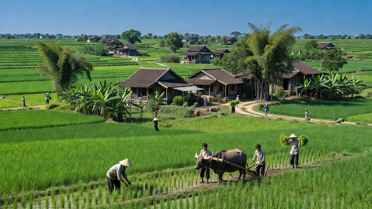Cảnh sắc xã Kỳ Phong, huyện Kỳ Anh, tỉnh Hà Tĩnh với cánh đồng và làng quê xanh tươi.