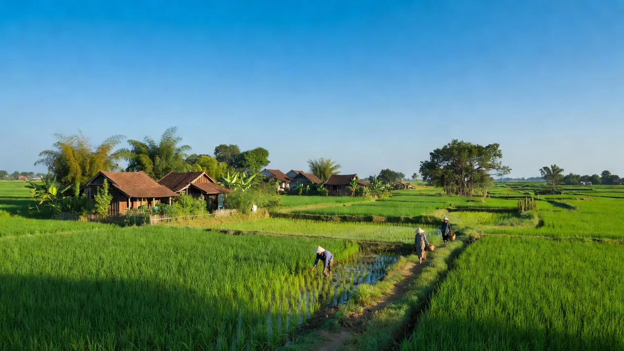 Phong cảnh xã Kỳ Phong huyện Kỳ Anh, Hà Tĩnh với đồng ruộng và cây cối xanh tươi.