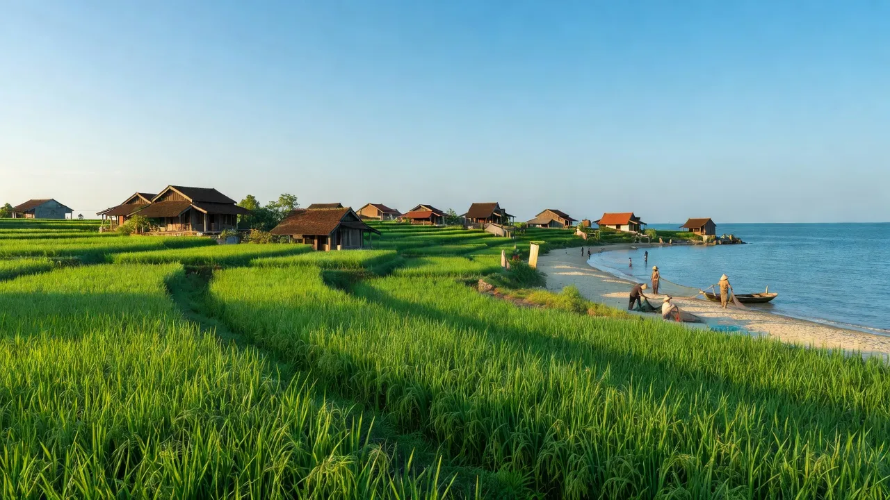 Toàn cảnh xã Kỳ Phú, huyện Kỳ Anh với ruộng lúa xanh, nhà truyền thống và bầu trời xanh.