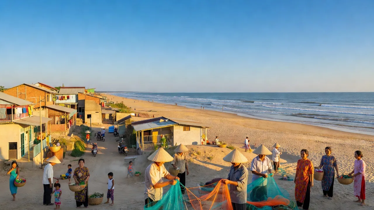 Kỳ Phương, Kỳ Anh, Hà Tĩnh with coastal view and community life, sunny day.