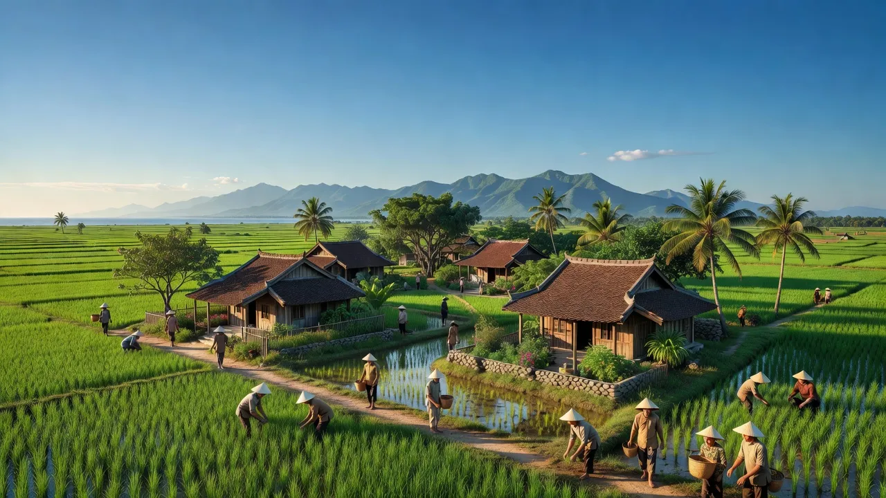 Cánh đồng xanh và nhà truyền thống tại xã Kỳ Tân, huyện Kỳ Anh, tỉnh Hà Tĩnh.