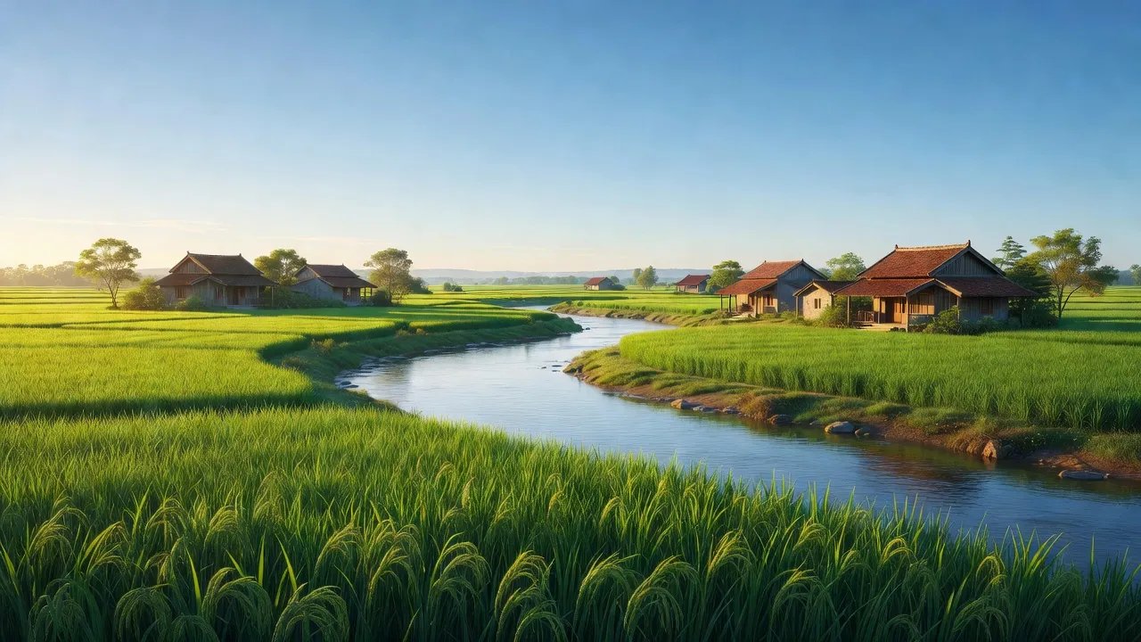 Khung cảnh đẹp của xã Kỳ Tân, huyện Kỳ Anh, tỉnh Hà Tĩnh, với cánh đồng xanh và dòng sông.