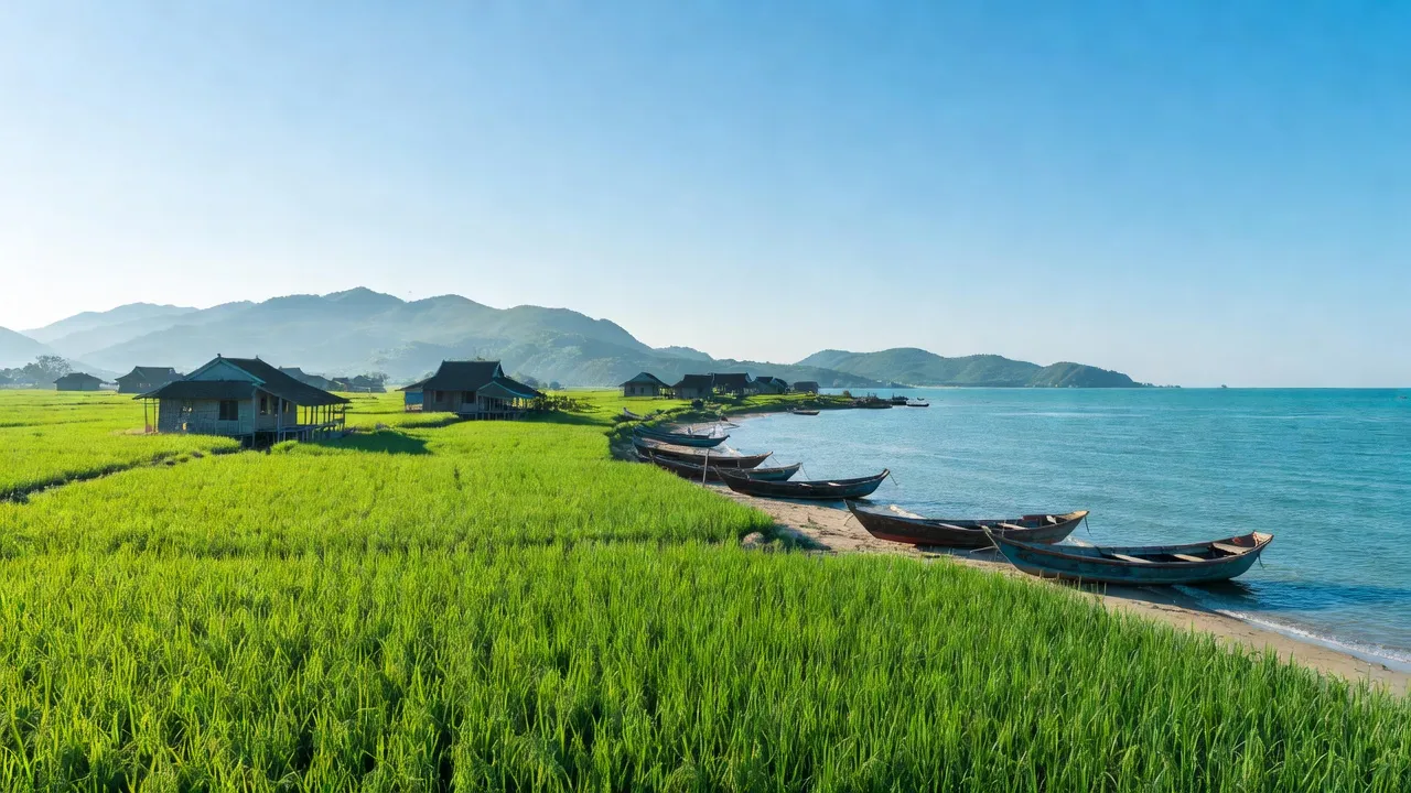 Cảnh biển và ruộng xanh ở xã Kỳ Tây, huyện Kỳ Anh, tỉnh Hà Tĩnh, Việt Nam.