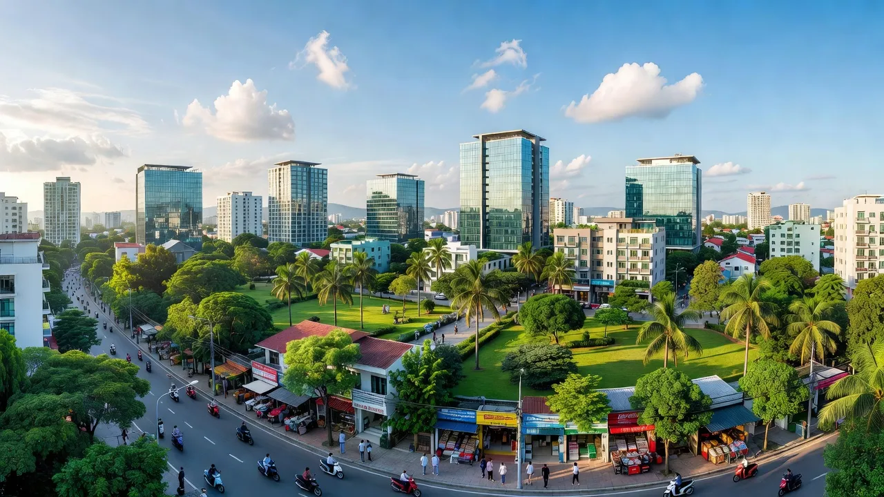 Cảnh quan đô thị Phường Kỳ Thịnh, Huyện Kỳ Anh, Tỉnh Hà Tĩnh, với nắng và không gian xanh.