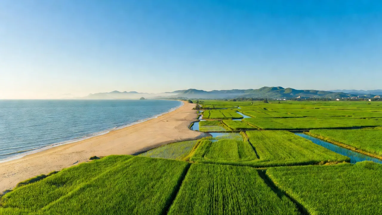 Khung cảnh biển Nghi Xuân, Hà Tĩnh với đồng bằng xanh và bầu trời trong sáng.