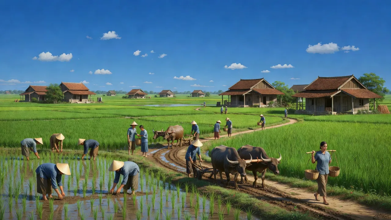 Cảnh nông thôn xã Cổ Đạm, Nghi Xuân, Hà Tĩnh với cánh đồng xanh và nhà truyền thống.