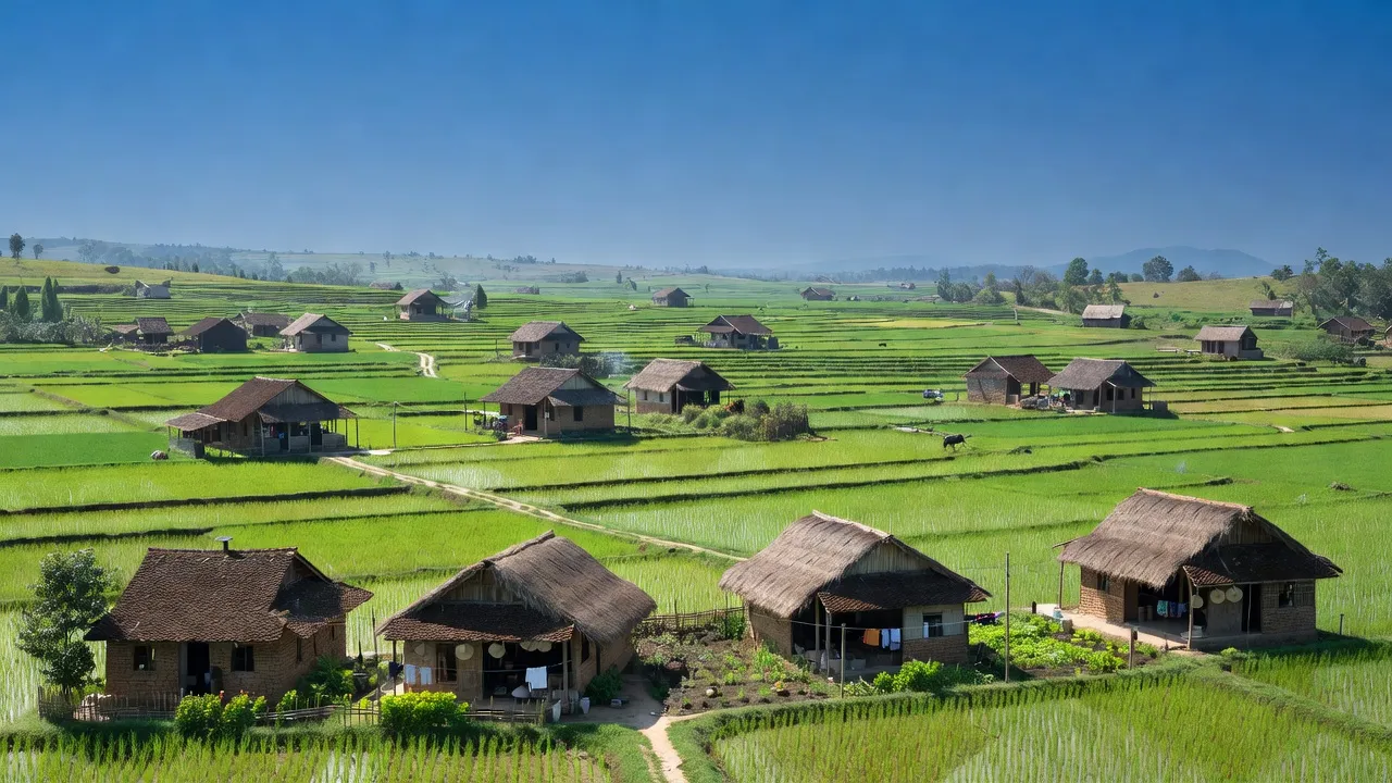 Khung cảnh xã Cổ Đạm, huyện Nghi Xuân, tỉnh Hà Tĩnh, với nhà cửa và cánh đồng xanh.