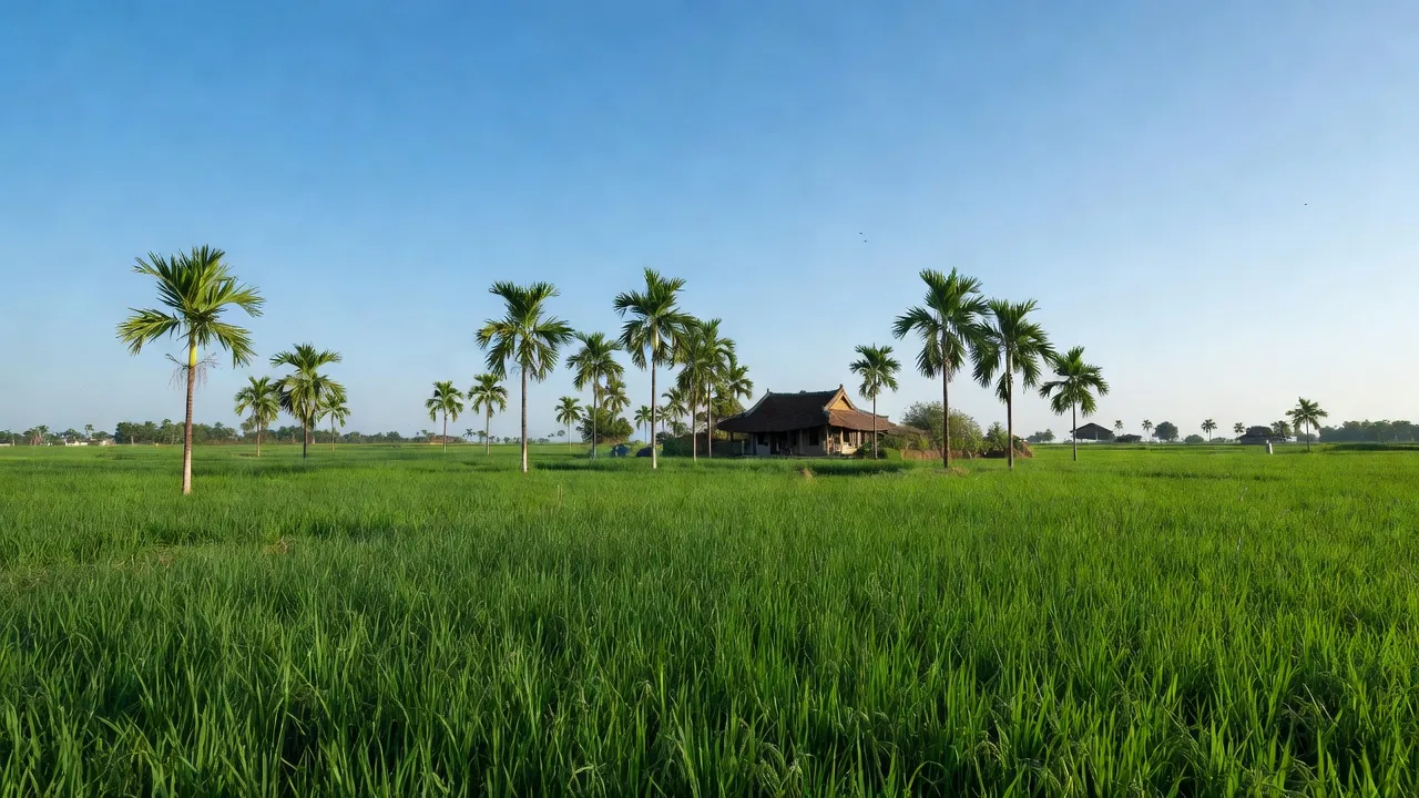 Cảnh quan xanh tươi tại xã Đan Trường, huyện Nghi Xuân, tỉnh Hà Tĩnh, có đồng ruộng và nhà Việt Nam.