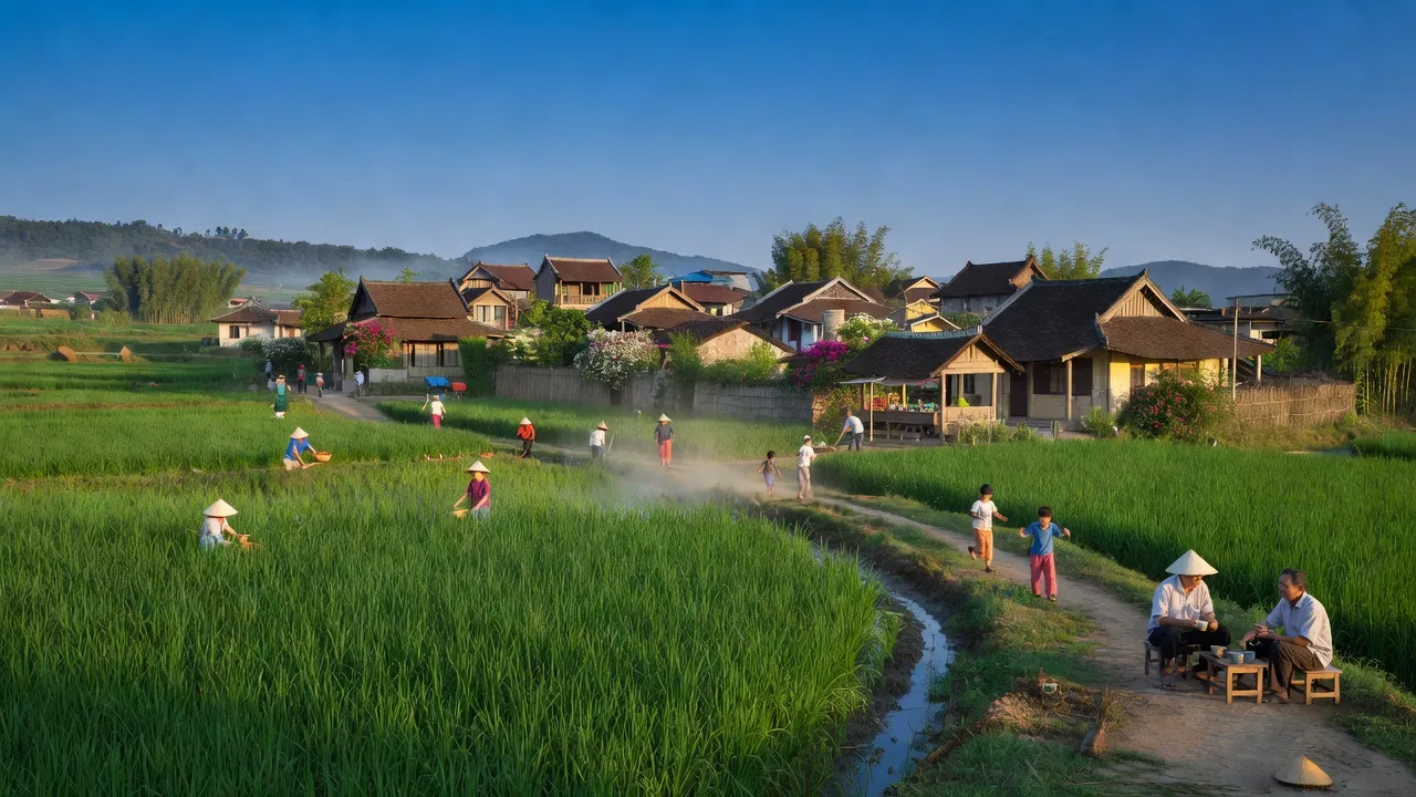 Cảnh quan thị trấn Tiên Điền, Nghi Xuân, Hà Tĩnh với thiên nhiên xanh tươi và kiến trúc truyền thống.