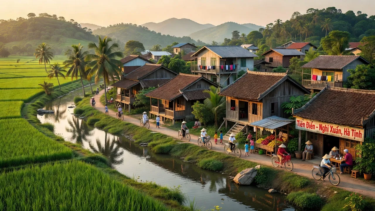 Khung cảnh thơ mộng của thị trấn Tiên Điền, Nghi Xuân, Hà Tĩnh, với kiến trúc địa phương và cộng đồng sôi động.