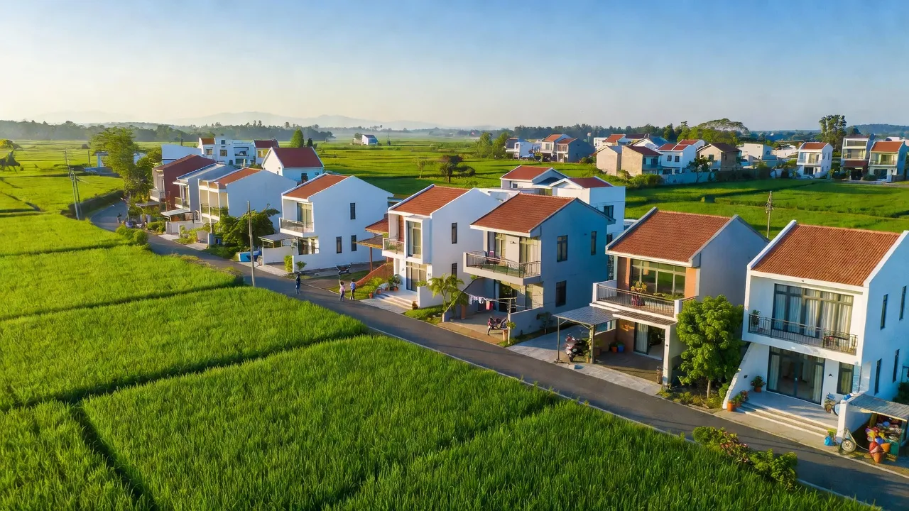 Khung cảnh thị trấn Xuân An, huyện Nghi Xuân, Hà Tĩnh với cánh đồng xanh và nhà cửa hiện đại.