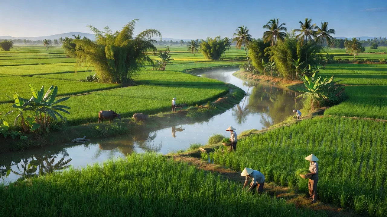 Cánh đồng xanh tươi cùng bờ sông Lam tại xã Xuân Giang, huyện Nghi Xuân, Hà Tĩnh.