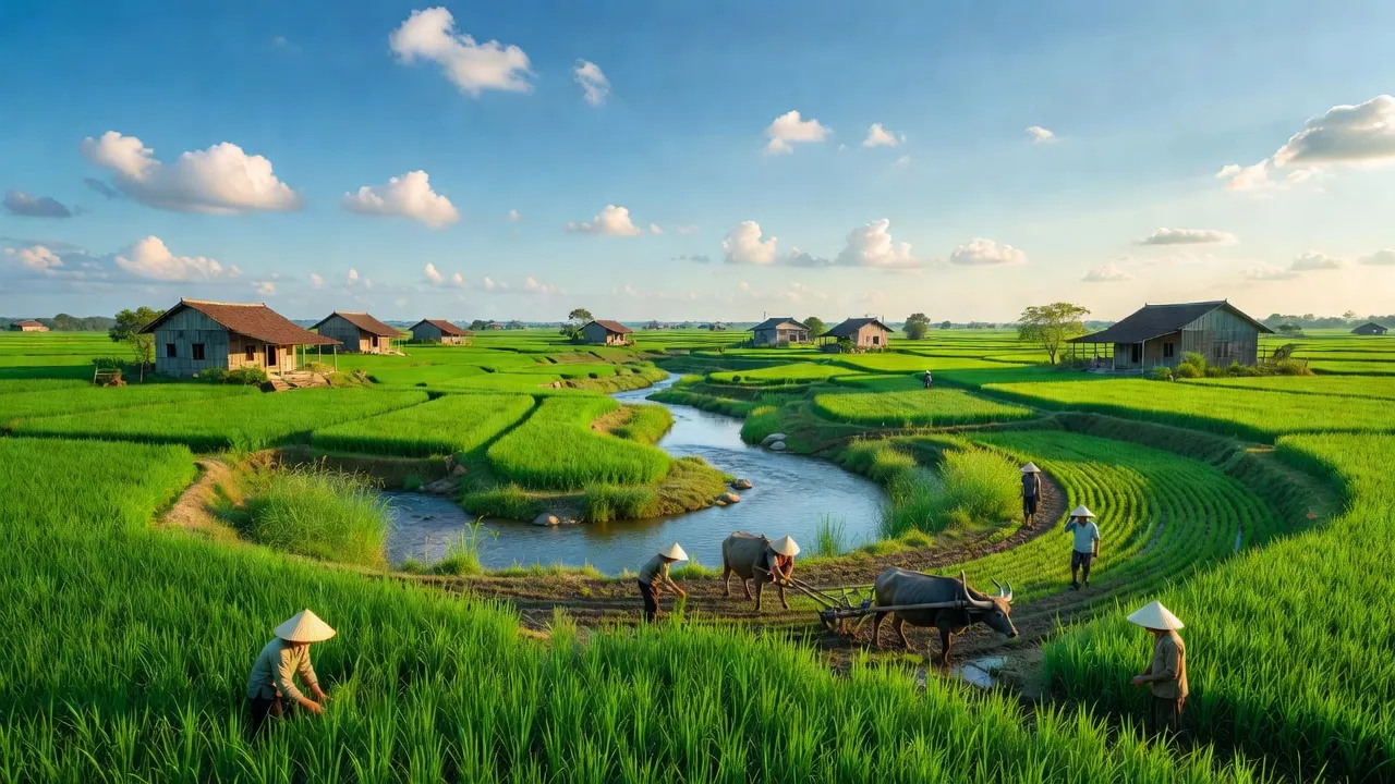 Xã Xuân Hải, huyện Nghi Xuân, tỉnh Hà Tĩnh với cánh đồng xanh và bầu trời trong sáng.