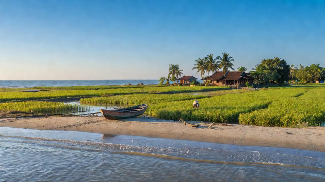 Phong cảnh yên bình tại xã Xuân Hội, huyện Nghi Xuân, Hà Tĩnh với cánh đồng và biển cả.