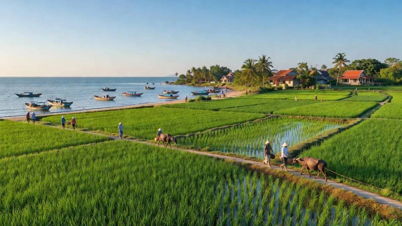 Khung cảnh xã Xuân Hồng, huyện Nghi Xuân, tỉnh Hà Tĩnh, với cánh đồng xanh và cuộc sống địa phương.