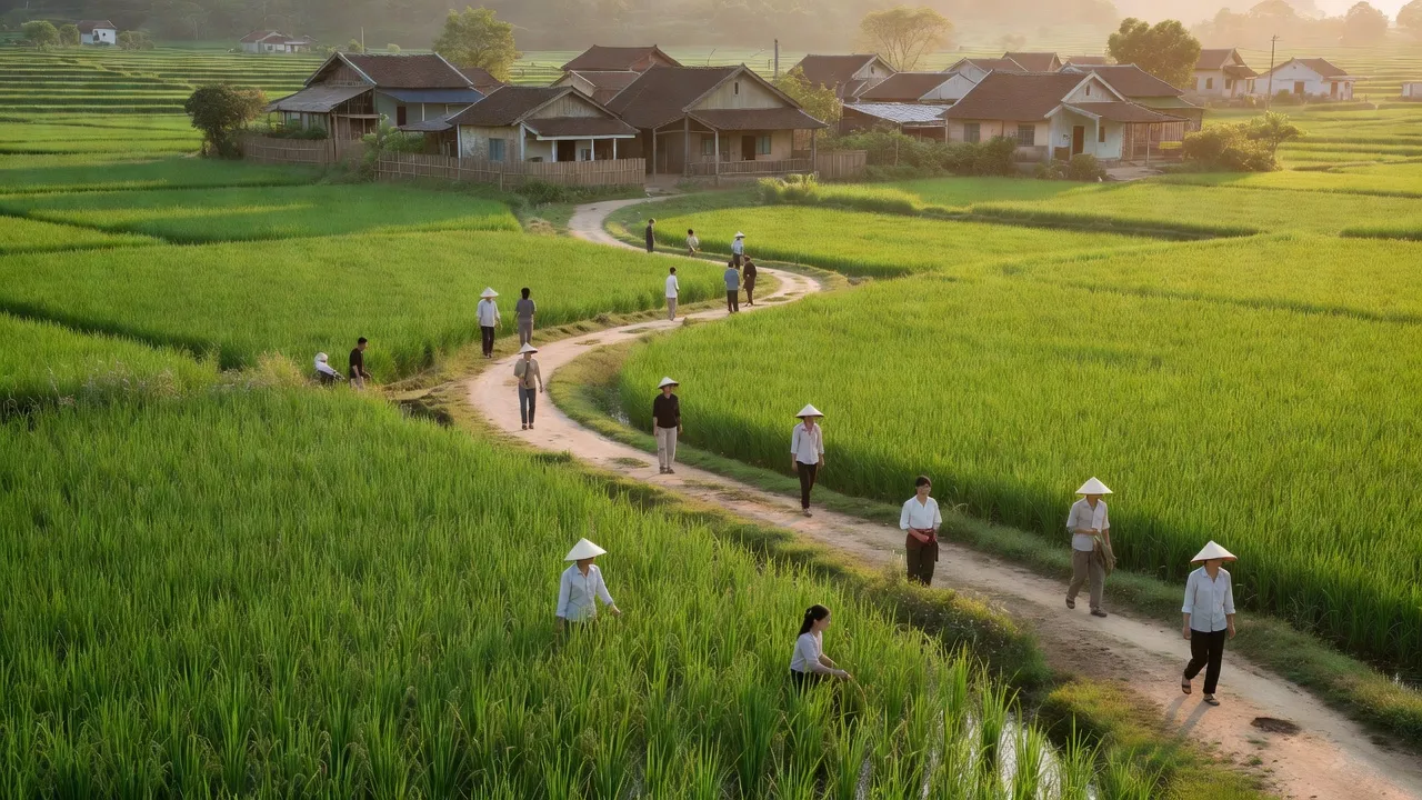 Cảnh đẹp nông thôn xã Xuân Lam, huyện Nghi Xuân, tỉnh Hà Tĩnh với cánh đồng và đường làng.