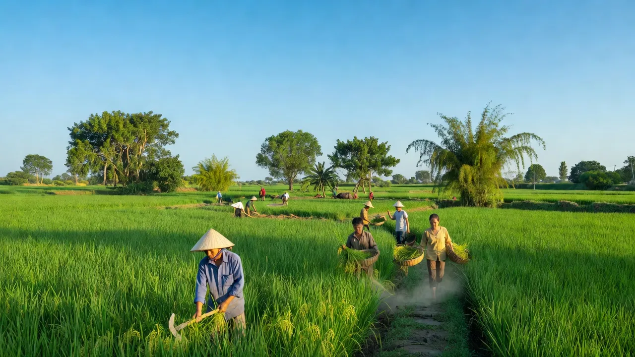 Cảnh đồng xanh tại xã Xuân Lam, huyện Nghi Xuân, tỉnh Hà Tĩnh với nông dân làm việc.
