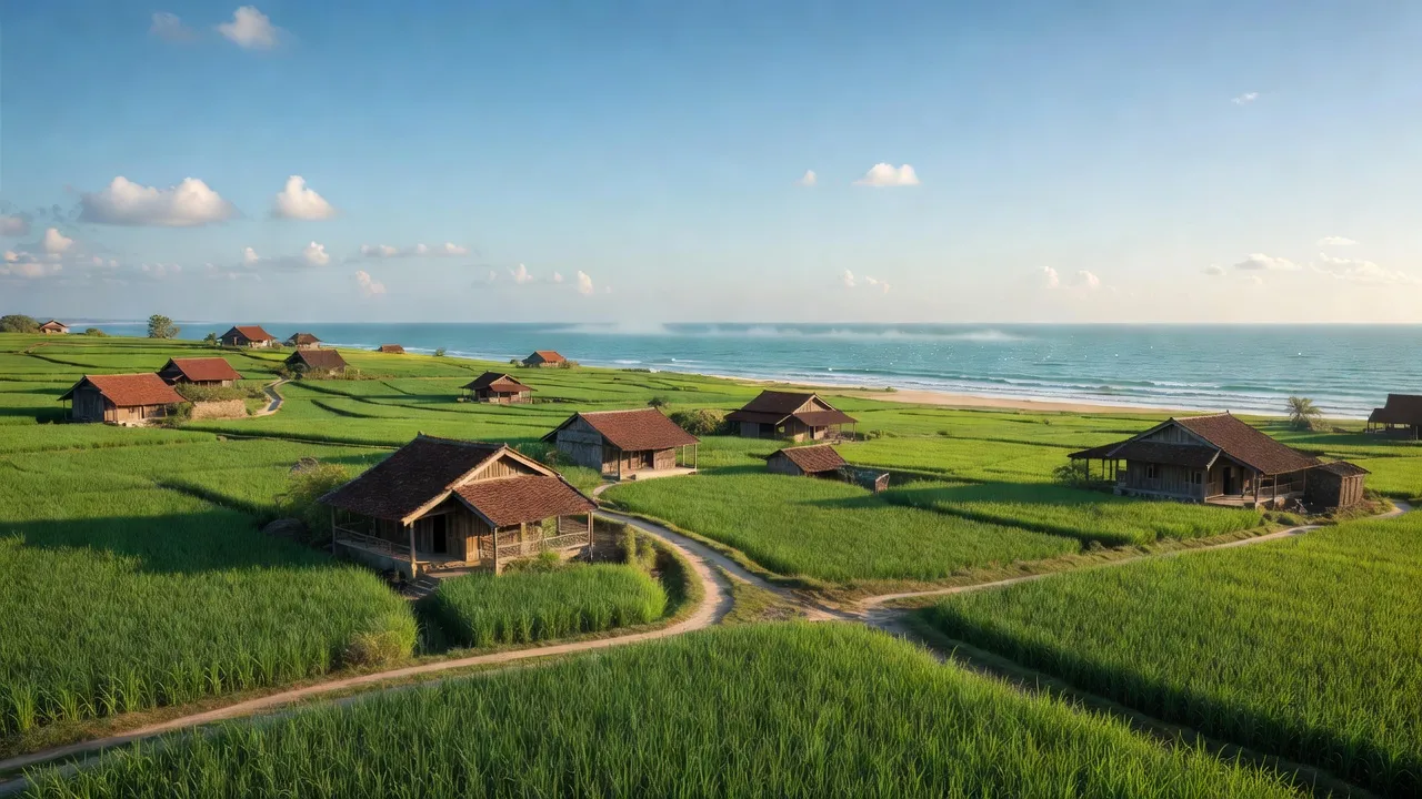 Phong cảnh nông thôn ở xã Xuân Liên, huyện Nghi Xuân, tỉnh Hà Tĩnh với đồng xanh và nhà truyền thống.