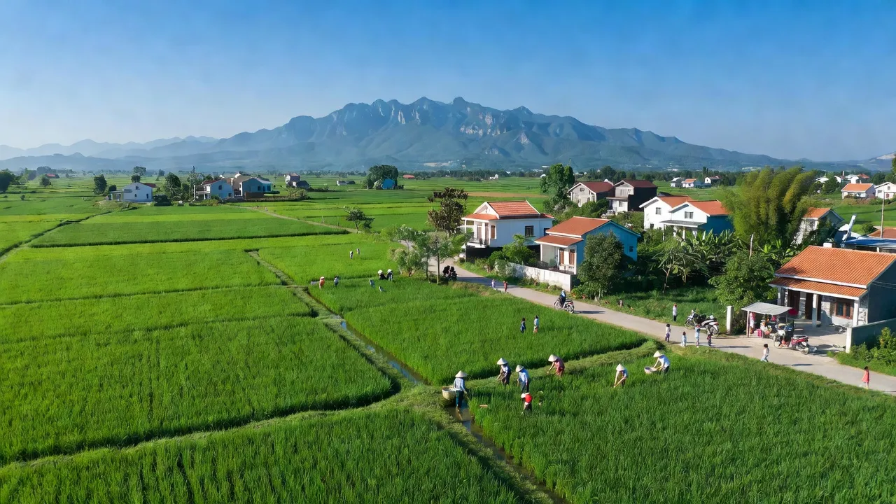 Cảnh quan xã Xuân Mỹ, huyện Nghi Xuân, tỉnh Hà Tĩnh, với núi Hồng Lĩnh và cánh đồng xanh.