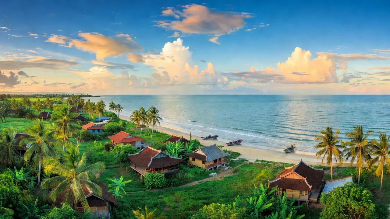 Khung cảnh đẹp của xã Xuân Phổ, huyện Nghi Xuân, tỉnh Hà Tĩnh, với nhà truyền thống và cảnh biển.