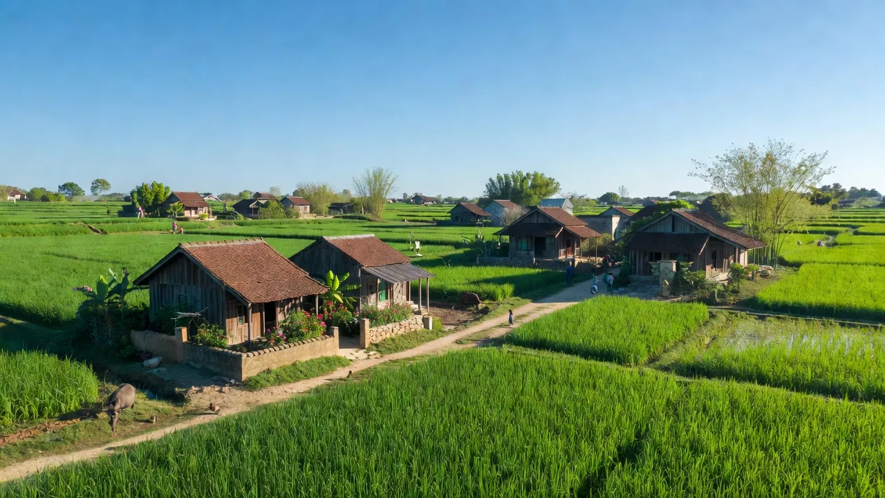 Quang cảnh xã Xuân Thành, huyện Nghi Xuân, tỉnh Hà Tĩnh với cánh đồng và nhà truyền thống.