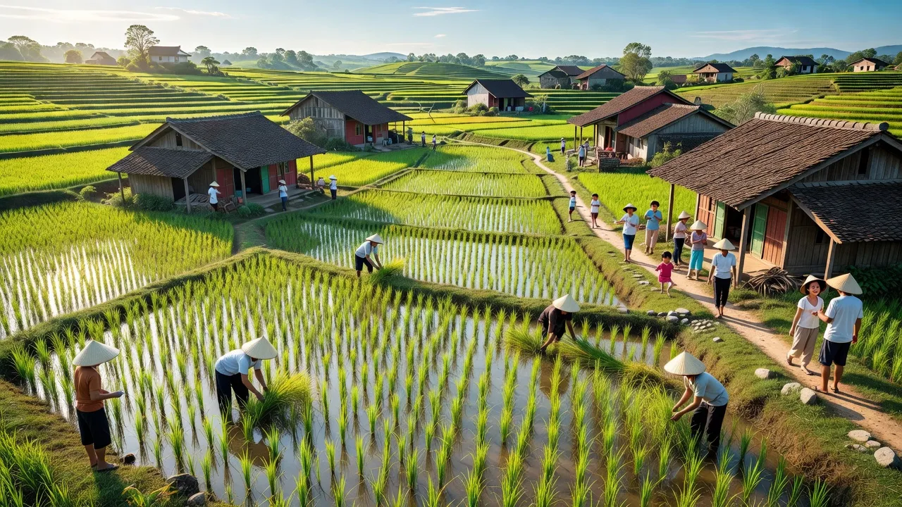 Cảnh đẹp xã Xuân Viên, huyện Nghi Xuân, tỉnh Hà Tĩnh với ruộng lúa và nhà truyền thống.