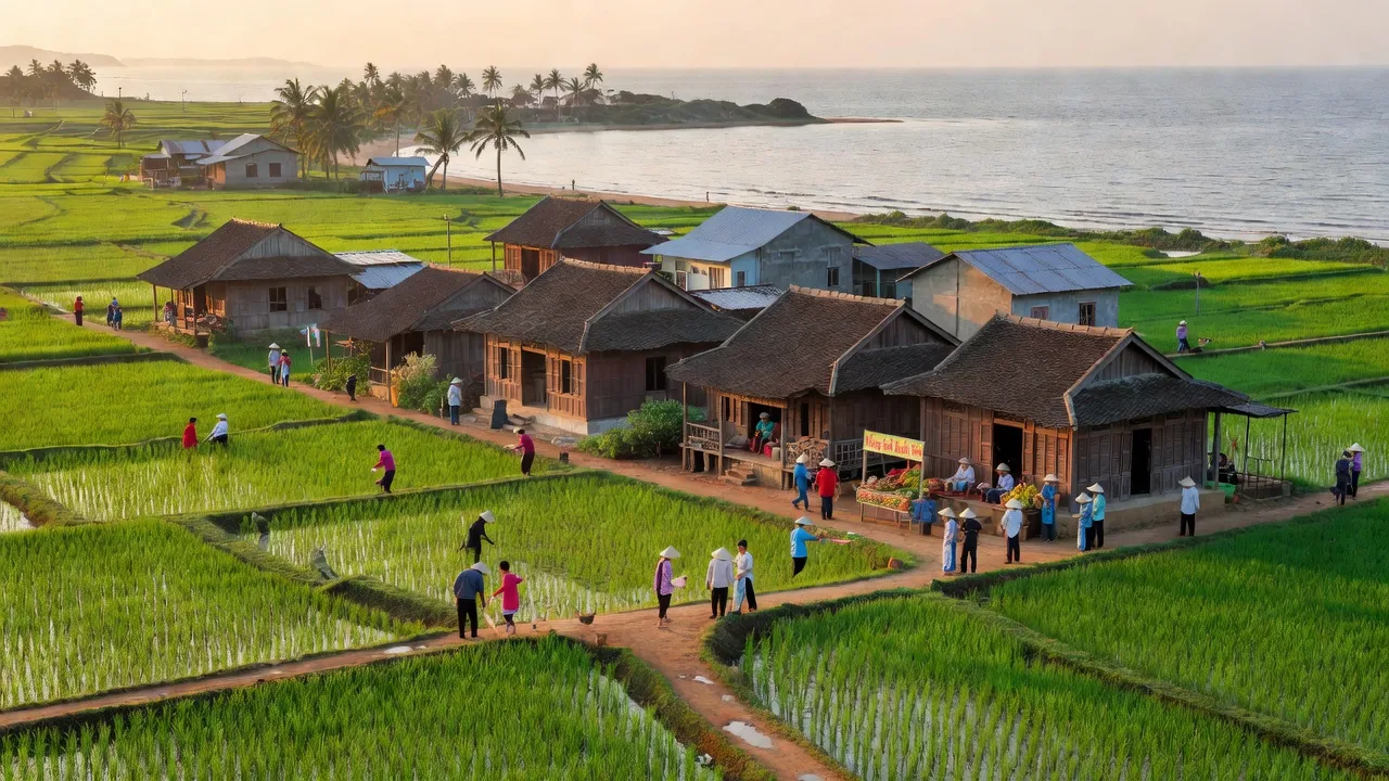 Cảnh quan xã Xuân Yên, huyện Nghi Xuân, Hà Tĩnh với cánh đồng xanh và kiến trúc nông thôn.