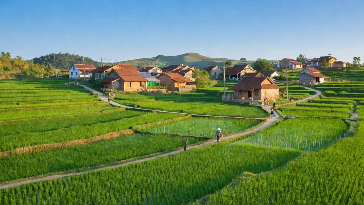 Cảnh sắc xã Xuân Yên, huyện Nghi Xuân, tỉnh Hà Tĩnh với cánh đồng xanh và nhà truyền thống.