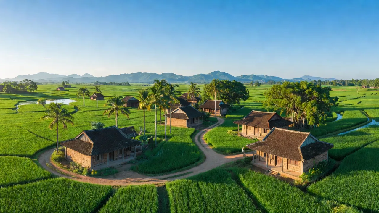 Cảnh đẹp xã Bình Lộc, huyện Thạch Hà, tỉnh Hà Tĩnh với đồng xanh, nhà truyền thống.