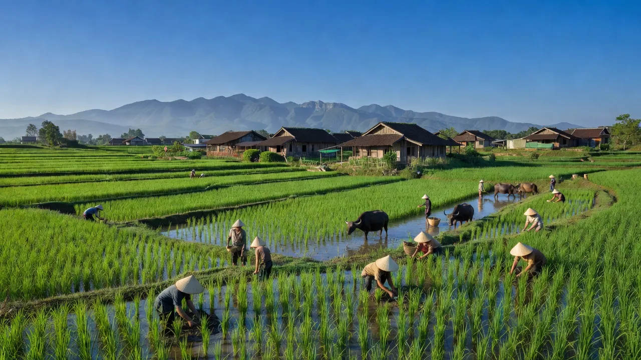 Cảnh làng Bình Lộc, huyện Thạch Hà, tỉnh Hà Tĩnh, với cánh đồng xanh và nhà truyền thống.