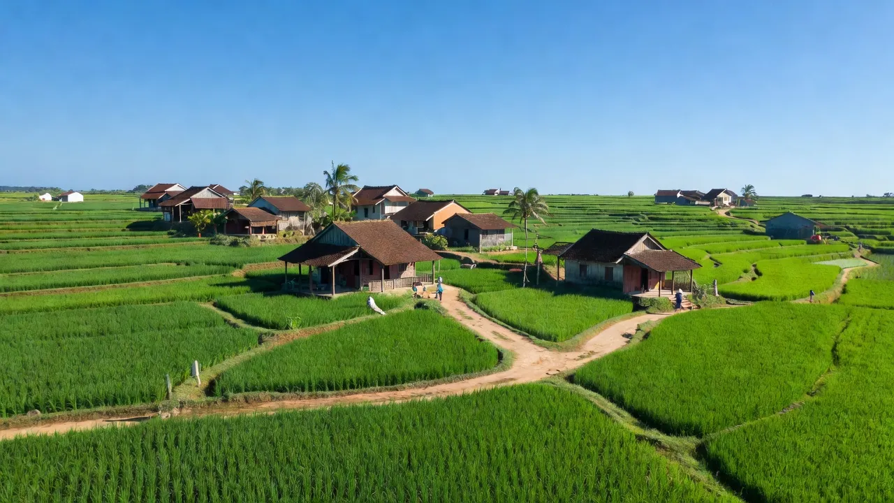 Cảnh quan yên bình ở xã Hồng Lộc, Thạch Hà, Hà Tĩnh với cánh đồng xanh và trời trong.