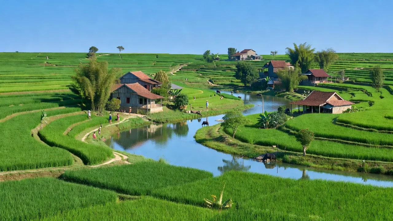 Khung cảnh bình yên ở xã Ích Hậu, Thạch Hà, Hà Tĩnh với cánh đồng xanh và nhà dân.