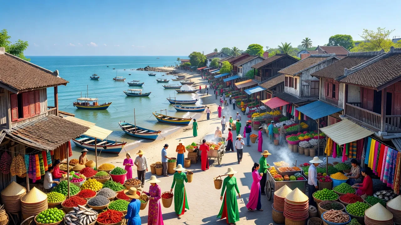 Thị trấn Lộc Hà, huyện Thạch Hà, tỉnh Hà Tĩnh với cảnh quan biển và nhà cửa truyền thống.