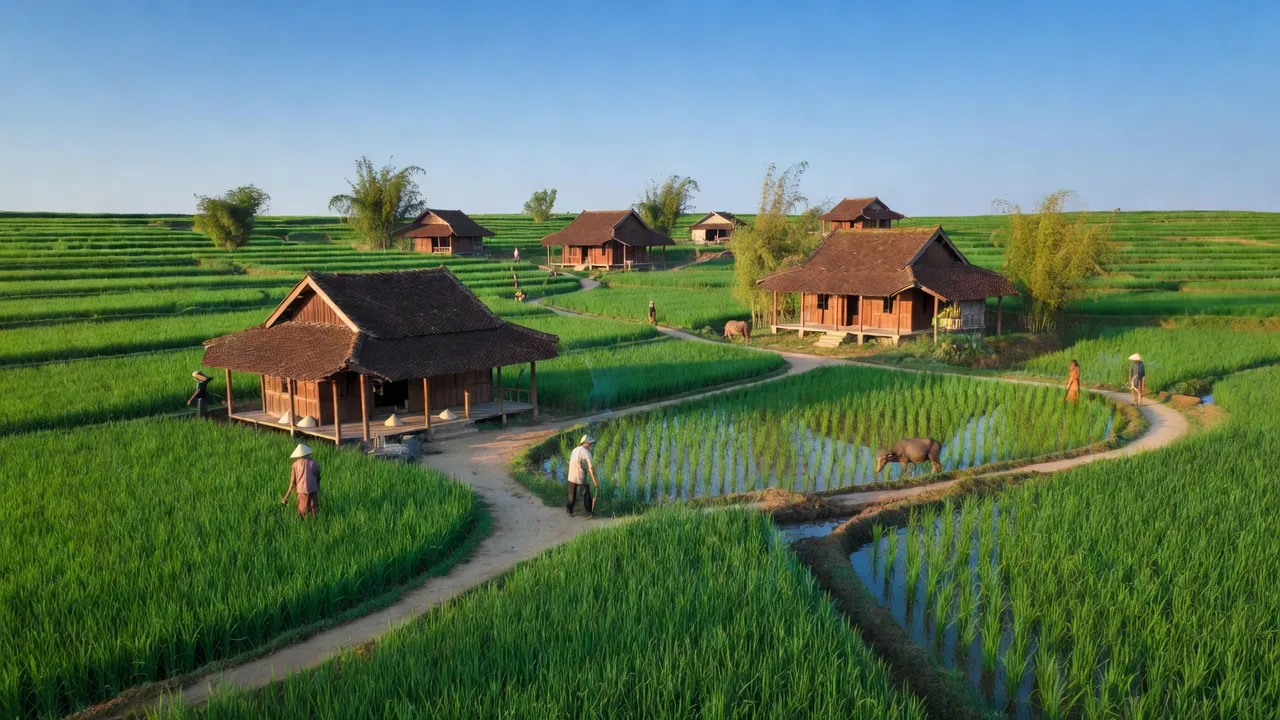 Cảnh đẹp Lưu Vĩnh Sơn, Thạch Hà, Hà Tĩnh với cánh đồng xanh và nhà truyền thống.
