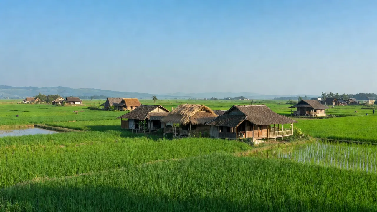 Toàn cảnh xã Lưu Vĩnh Sơn, huyện Thạch Hà, với cánh đồng xanh và nhà truyền thống.