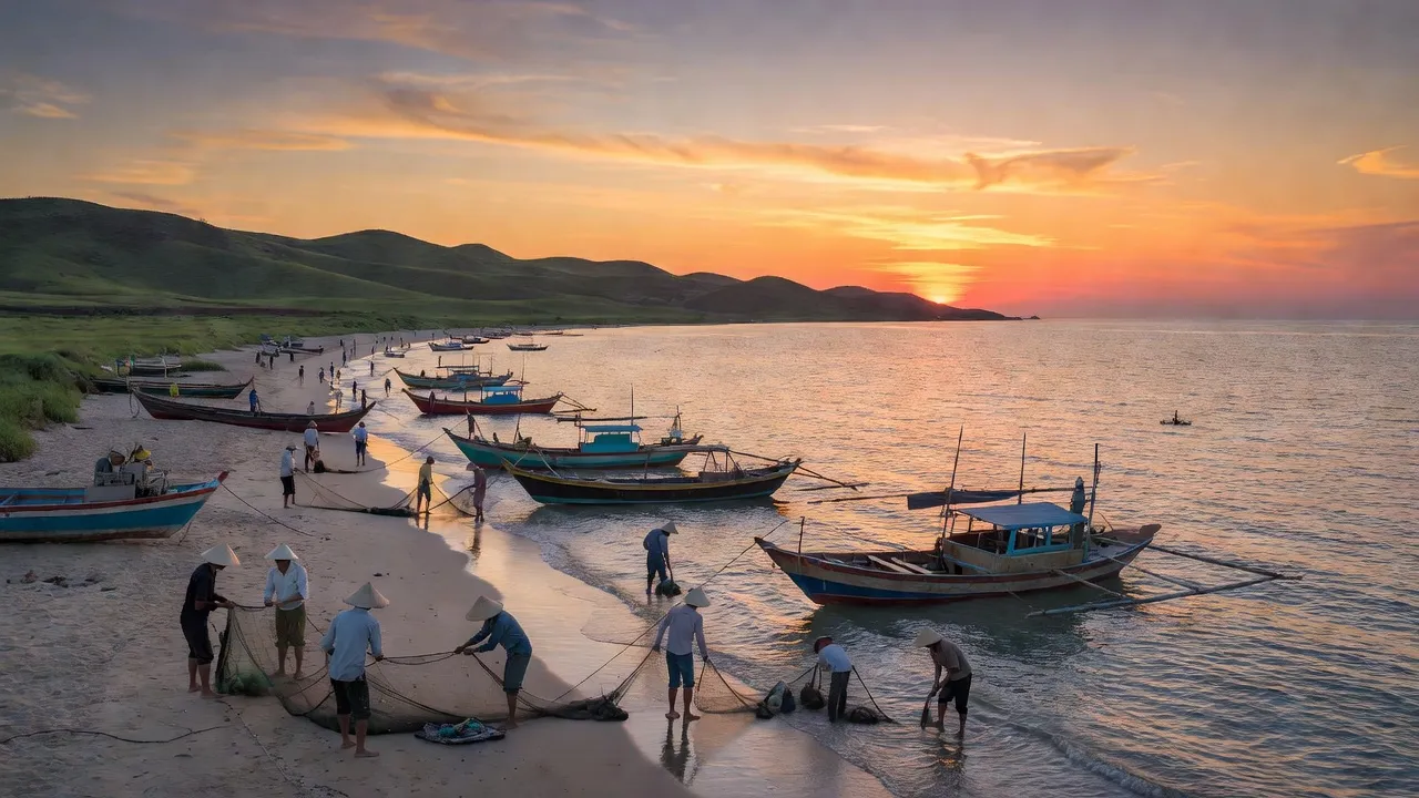 Khung cảnh đẹp của xã Mai Phụ, huyện Thạch Hà, tỉnh Hà Tĩnh với biển Đông và thuyền đánh cá.