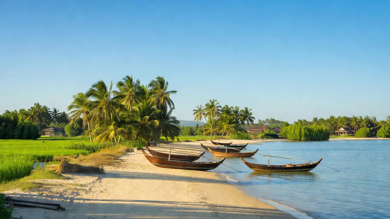 Quang cảnh bình yên xã Mai Phụ, huyện Thạch Hà, tỉnh Hà Tĩnh với thuyền cá và bầu trời xanh.