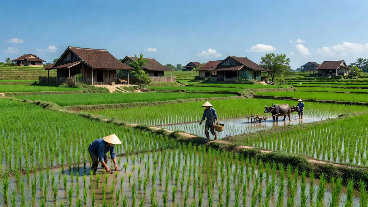 Cảnh quan thanh bình xã Ngọc Sơn, huyện Thạch Hà, tỉnh Hà Tĩnh, với ruộng lúa xanh tươi và nông dân làm việc.