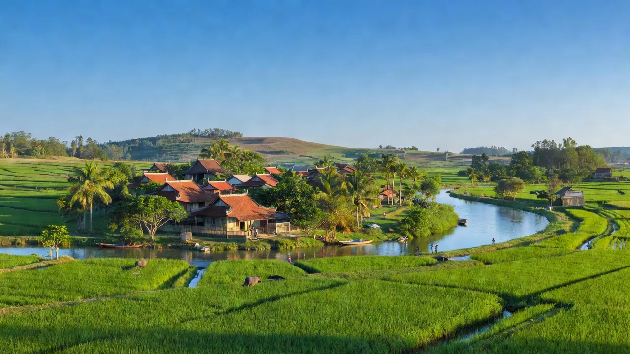 Cảnh đẹp xã Phù Lưu, Huyện Thạch Hà, Hà Tĩnh với cánh đồng xanh và bầu trời trong xanh.