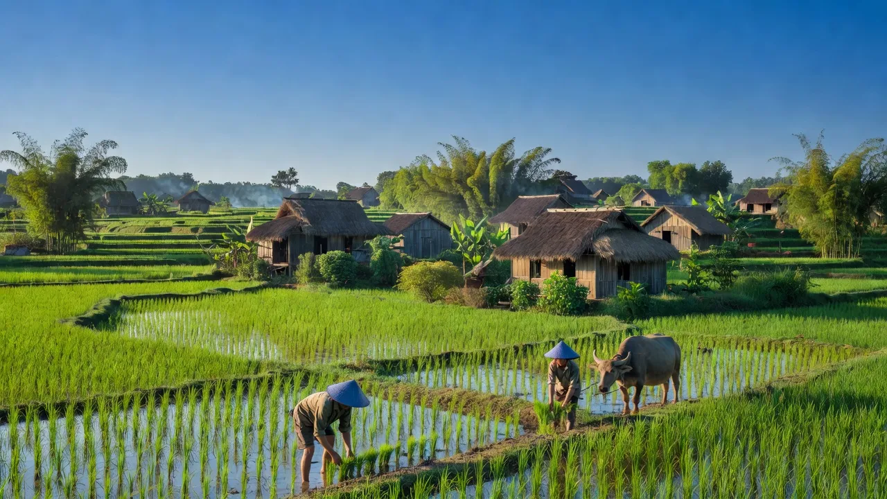 Cảnh đẹp xã Tân Lộc, huyện Thạch Hà, tỉnh Hà Tĩnh với những cánh đồng xanh và nhà truyền thống.