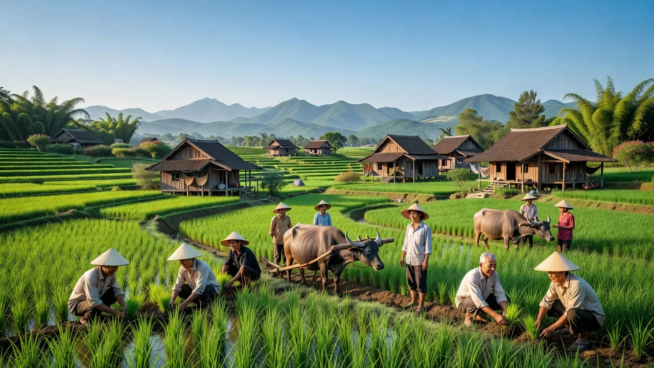 Cảnh quan Xã Tân Lộc, huyện Thạch Hà, tỉnh Hà Tĩnh với cánh đồng xanh và nhà truyền thống.