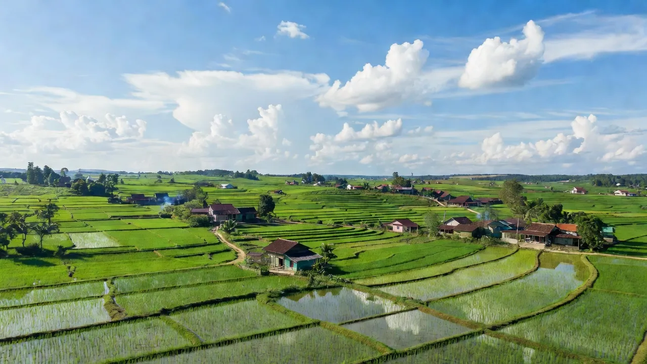 Cảnh đẹp xã Thạch Châu, huyện Thạch Hà, tỉnh Hà Tĩnh với cánh đồng lúa xanh tươi.