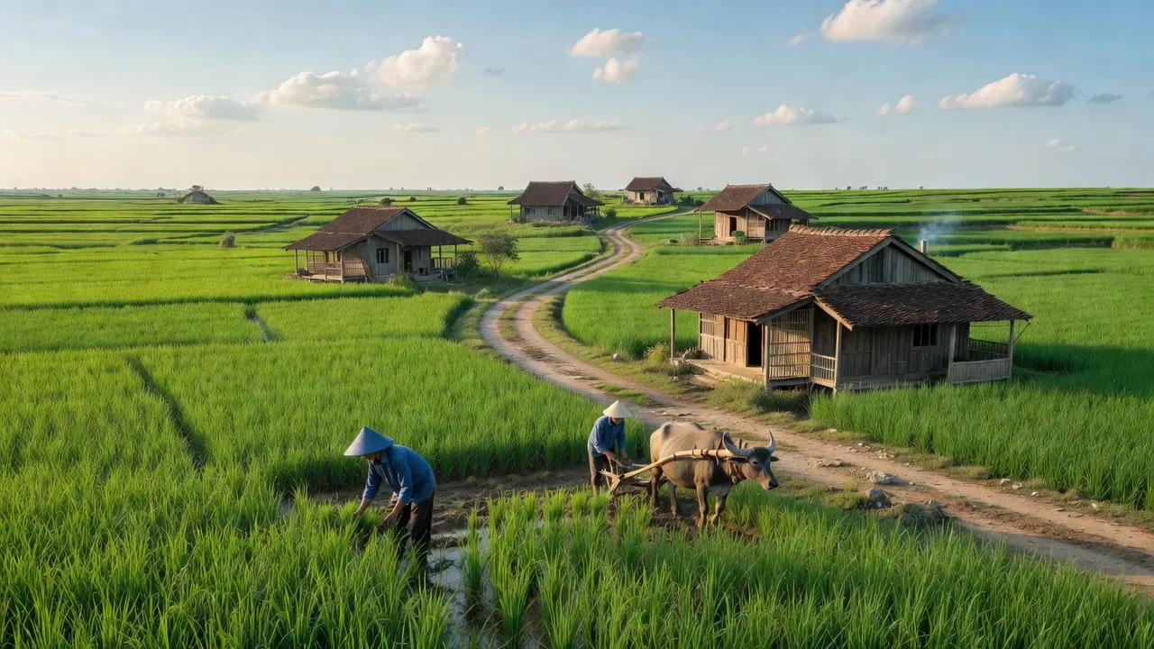 Cảnh đồng quê xã Thạch Kênh, huyện Thạch Hà, tỉnh Hà Tĩnh với cánh đồng xanh và nhà dân.